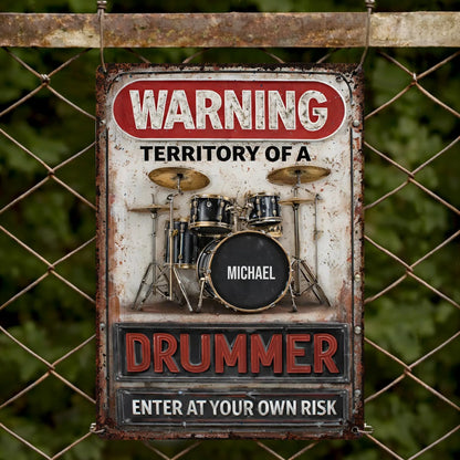 Personalized drummer metal sign featuring a classic drum kit design with custom name print for music room decor image 8