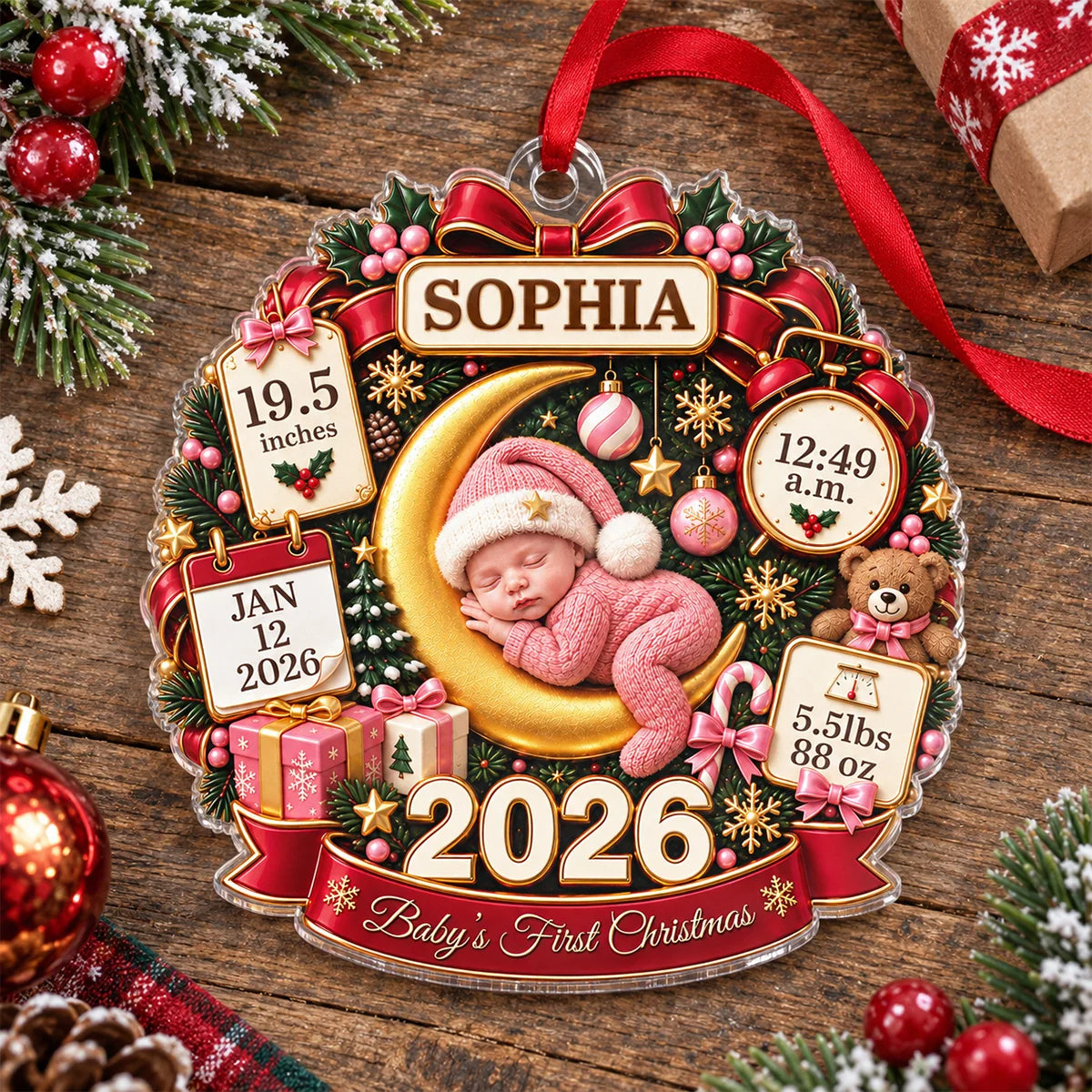 "Baby's First Christmas" Newborn Birth Stats Personalized Acrylic Ornament - Custom Gift for New Parents