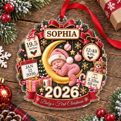 "Baby's First Christmas" Newborn Birth Stats Personalized Acrylic Ornament - Custom Gift for New Parents