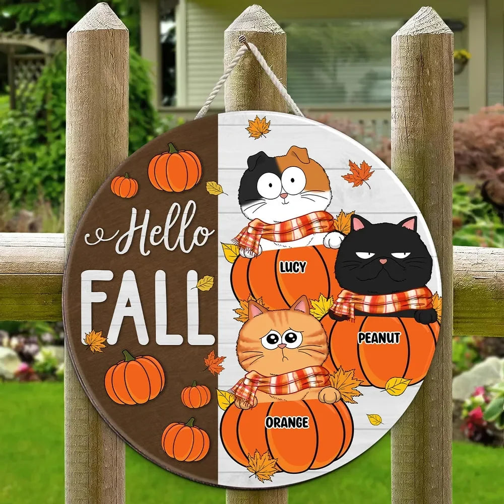 Hello Fall Cute Cats Custom Round Wood Sign - Personalized Autumn Pumpkin Door Hanger Gift for Cat Lovers