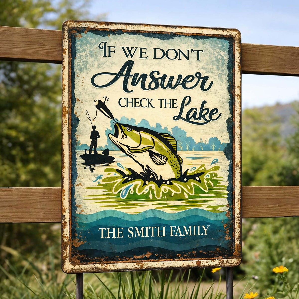 "If We Don't Answer Check The Lake" Personalized Metal Sign - Cabin Decor for Fisherman Dad