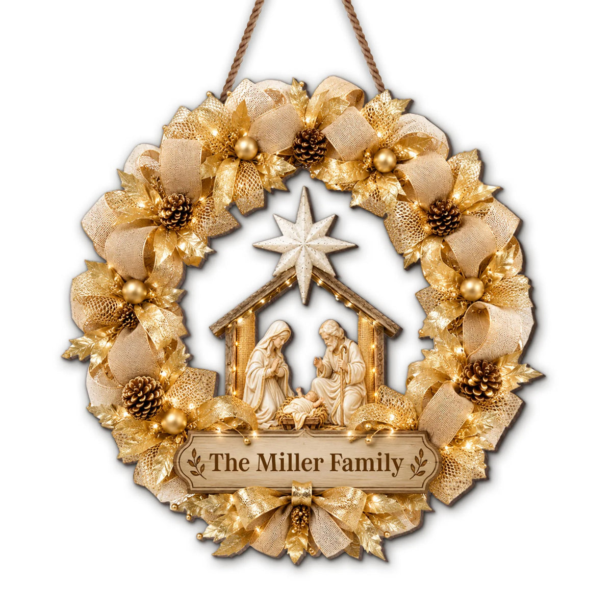 Nativity Scene Gold Wreath Personalized Wood Sign - Christmas Holiday Decor for Family