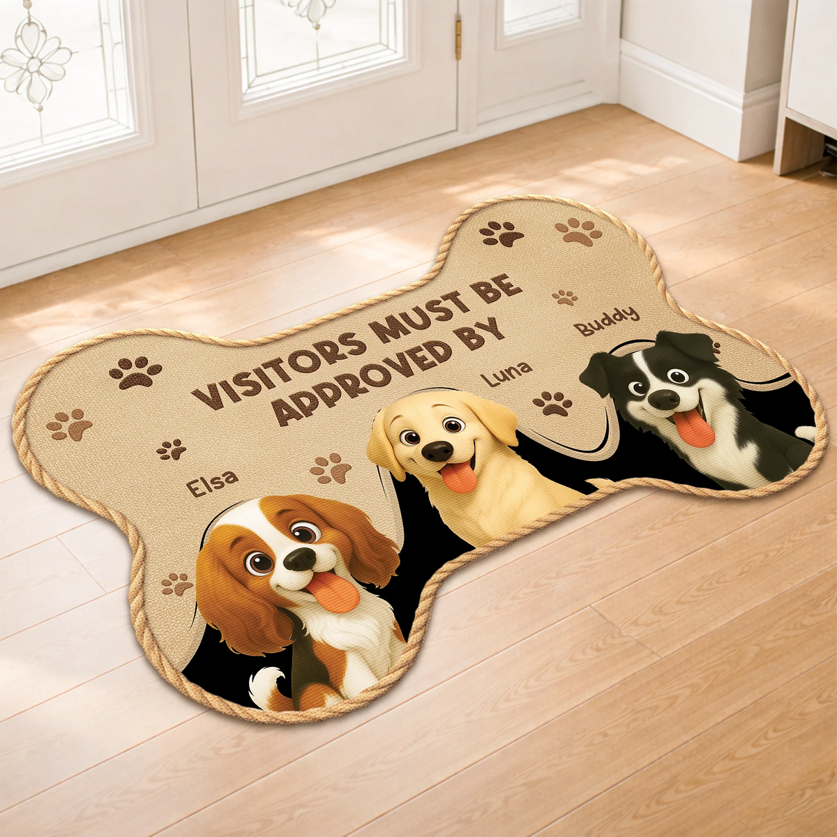 "Visitors Must Be Approved By" Personalized Dog Bone Shaped Doormat - Custom Gift for Dog Lovers