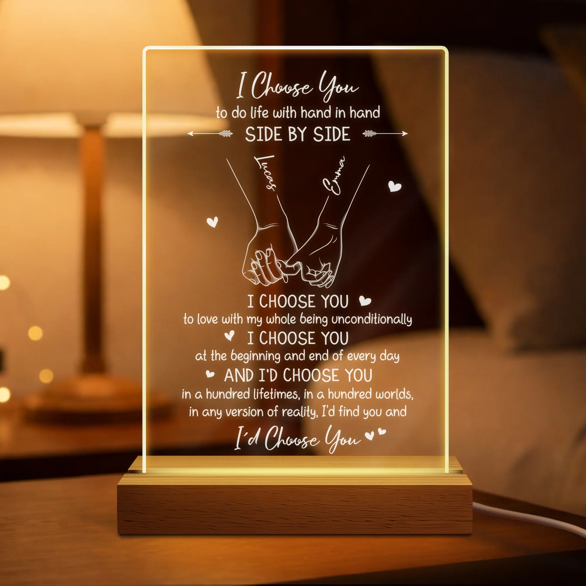 Custom couples night light with I Choose You text and personalized engraved names on an acrylic LED lamp