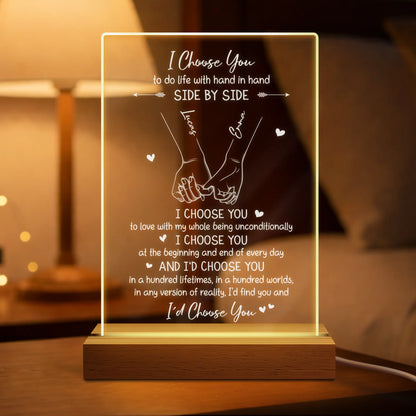 Custom couples night light with I Choose You text and personalized engraved names on an acrylic LED lamp