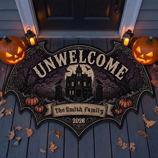 "UNWELCOME" Personalized Bat Shaped Doormat - Gothic Halloween Outdoor Rug Decor for Family Housewarming