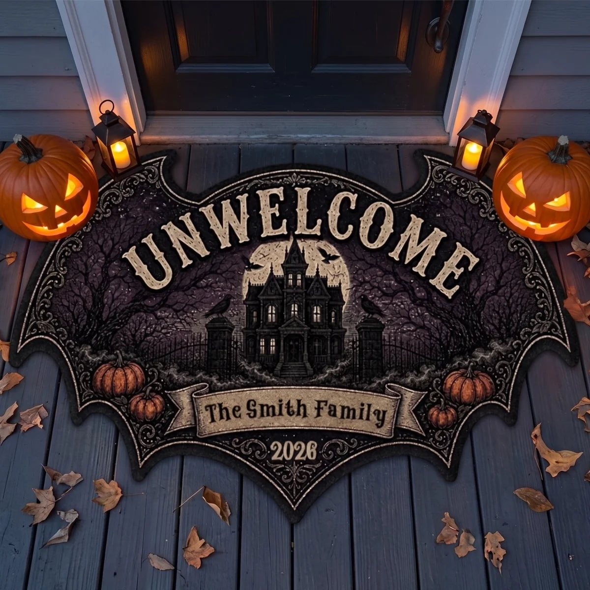 "UNWELCOME" Personalized Bat Shaped Doormat - Gothic Halloween Outdoor Rug Decor for Family Housewarming