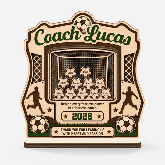 Personalized soccer coach gift plaque featuring a soccer goal and custom soccer balls with player names for Coach Lucas 2026
