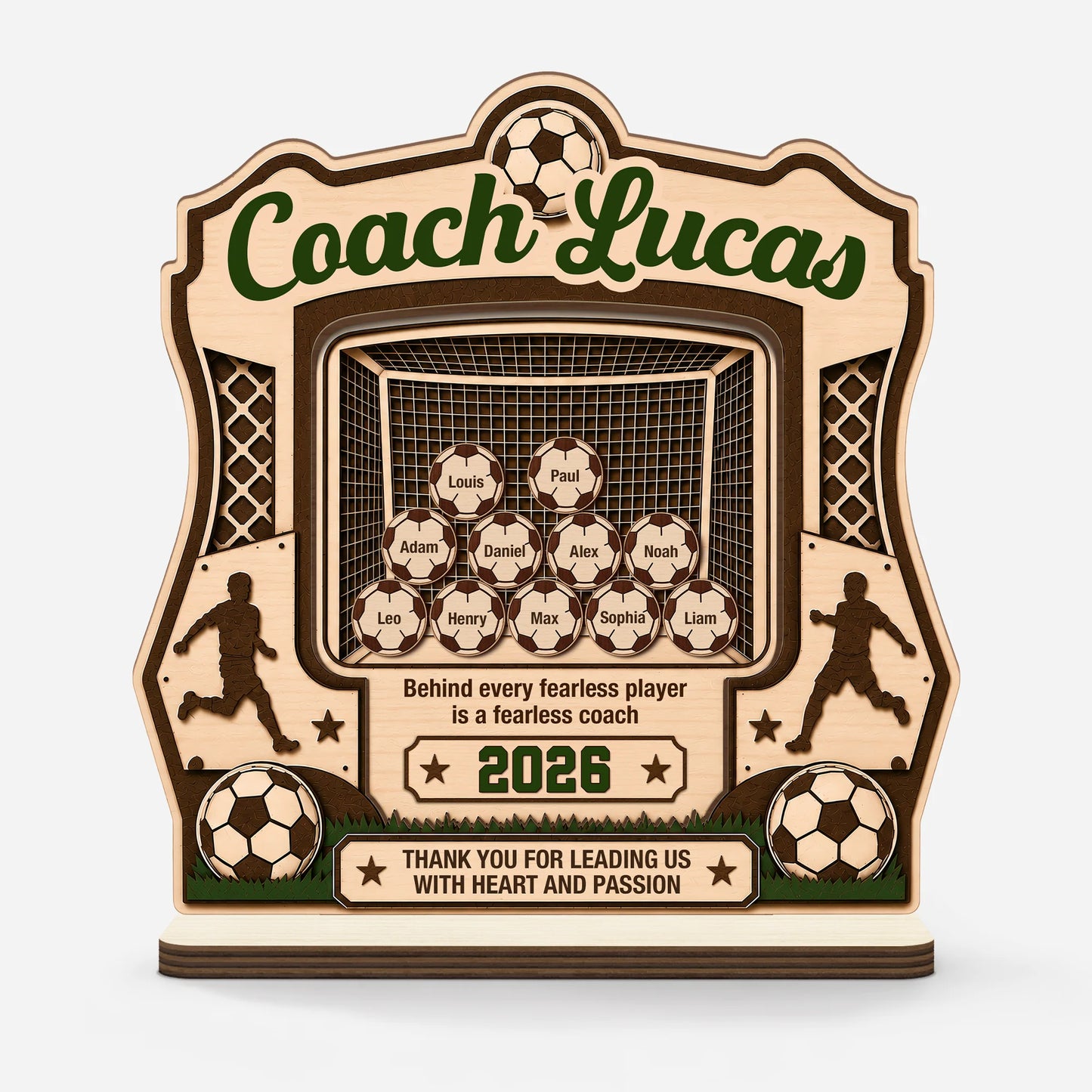 Personalized soccer coach gift plaque featuring a soccer goal and custom soccer balls with player names for Coach Lucas 2026