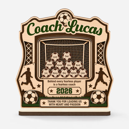 Personalized soccer coach gift plaque featuring a soccer goal and custom soccer balls with player names for Coach Lucas 2026