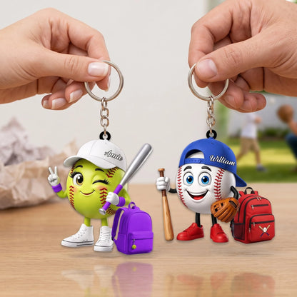 Personalized Baseball & Softball Mascot Acrylic Keychain - Custom Name Gift for Youth Sports Players