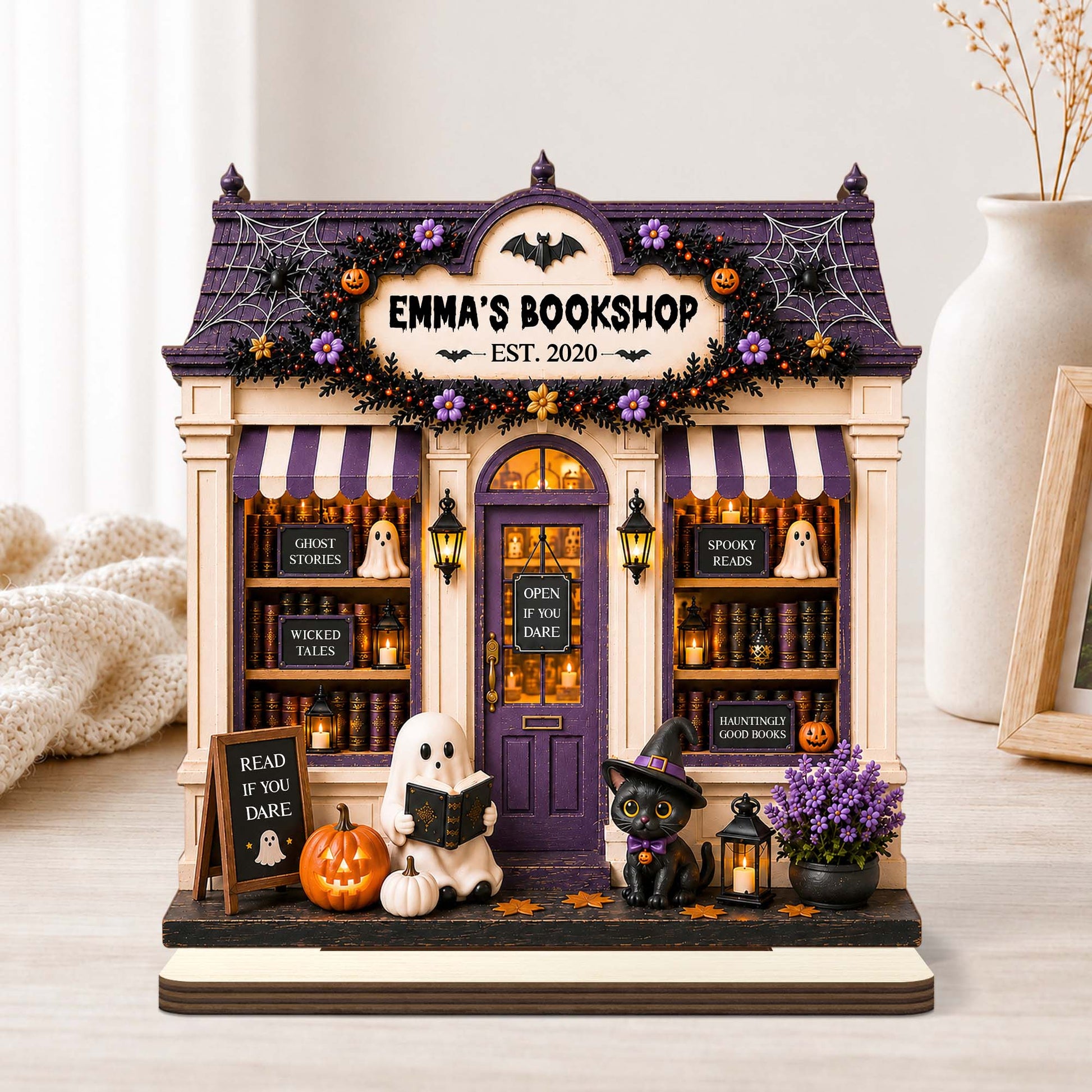 Personalized Halloween Bookshop Wooden Plaque - Spooky Custom Tabletop Sign