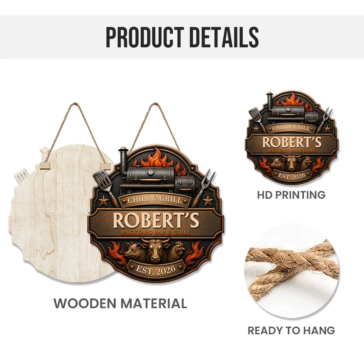Chill & Grill Personalized BBQ Smokehouse Wood Sign - Custom Backyard Bar Door Hanger Gift for Dad