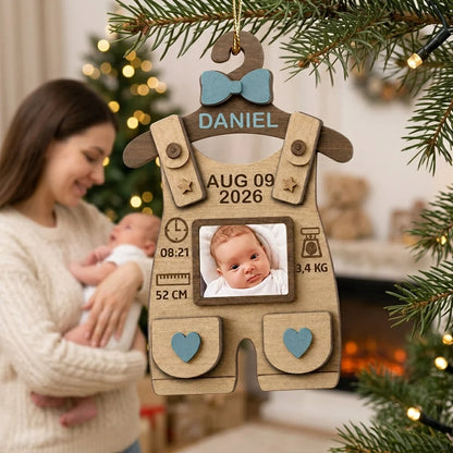 Personalized Baby First Christmas Ornament - Custom Wooden Romper Birth Stats Photo Keepsake Gift for New Parents