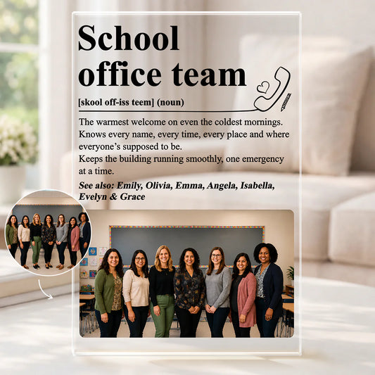 Personalized school office team plaque with custom group photo and names definition design for administrative assistant gift