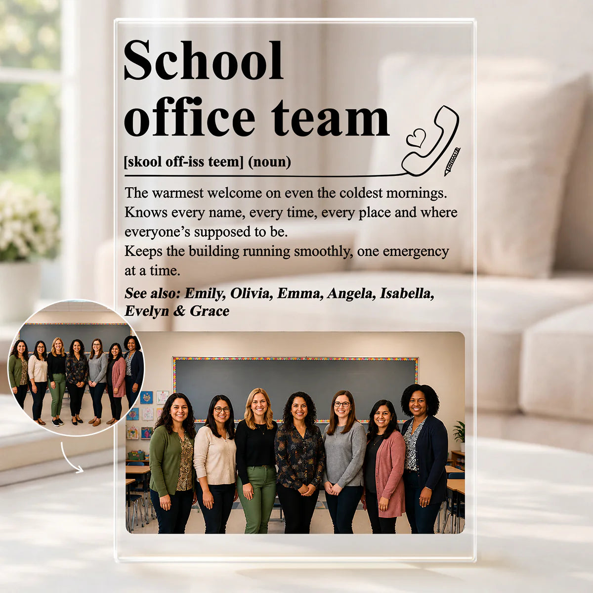 Personalized school office team plaque with custom group photo and names definition design for administrative assistant gift