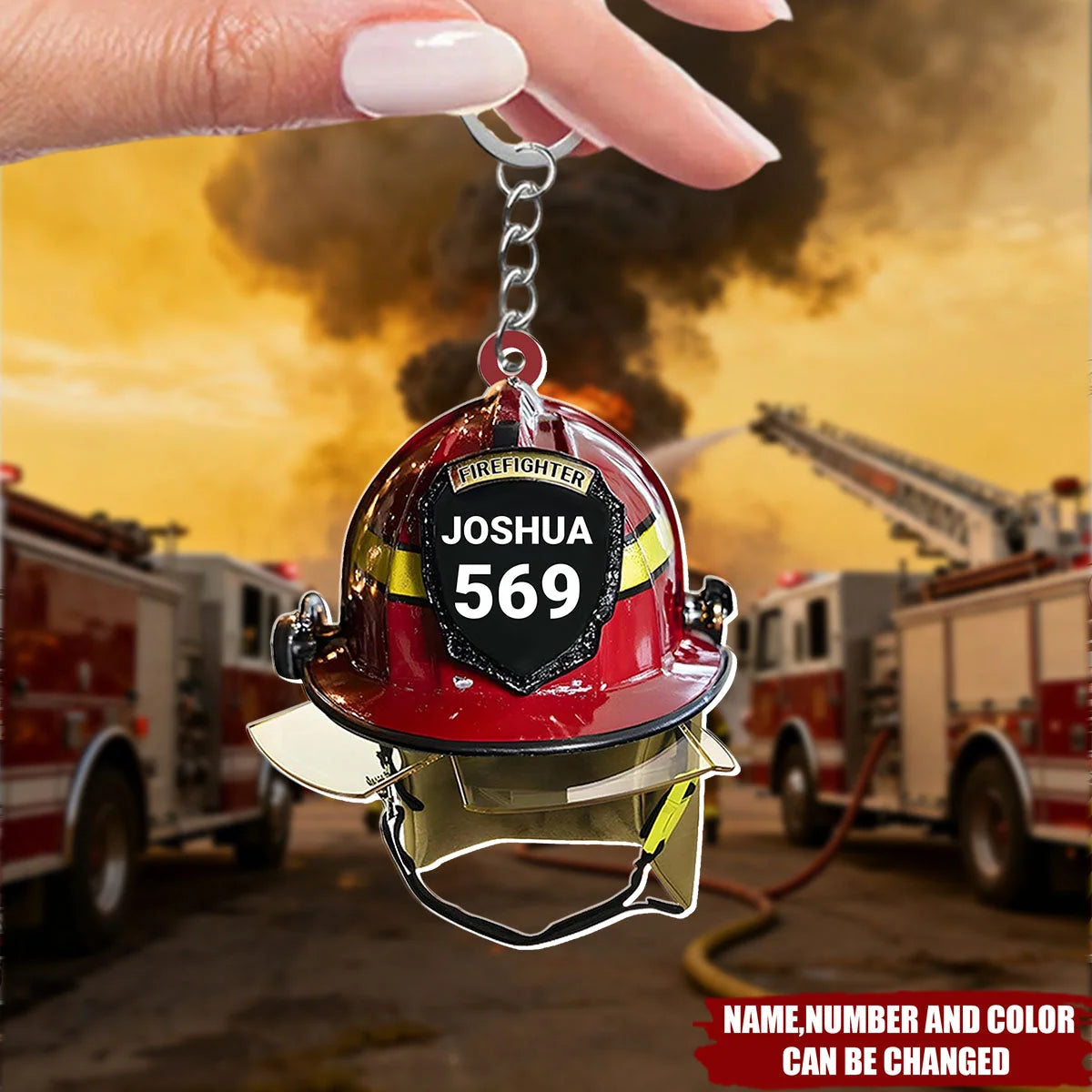 Custom Firefighter Helmet Acrylic Keychain - Personalized Name & Number Keepsake Gift for Dad, Husband