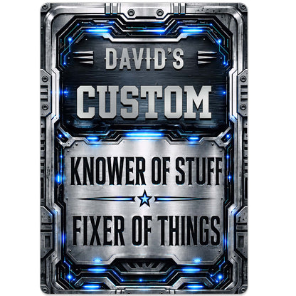 Personalized garage metal sign featuring Knower of Stuff Fixer of Things for dad's man cave wall decor image 8
