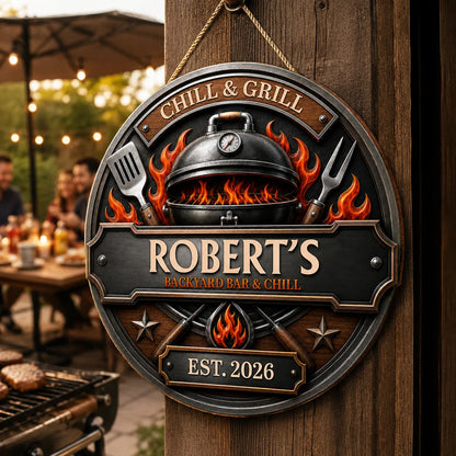 Chill & Grill Personalized Backyard BBQ Wood Sign - Custom Patio Decor for Dad & Husband