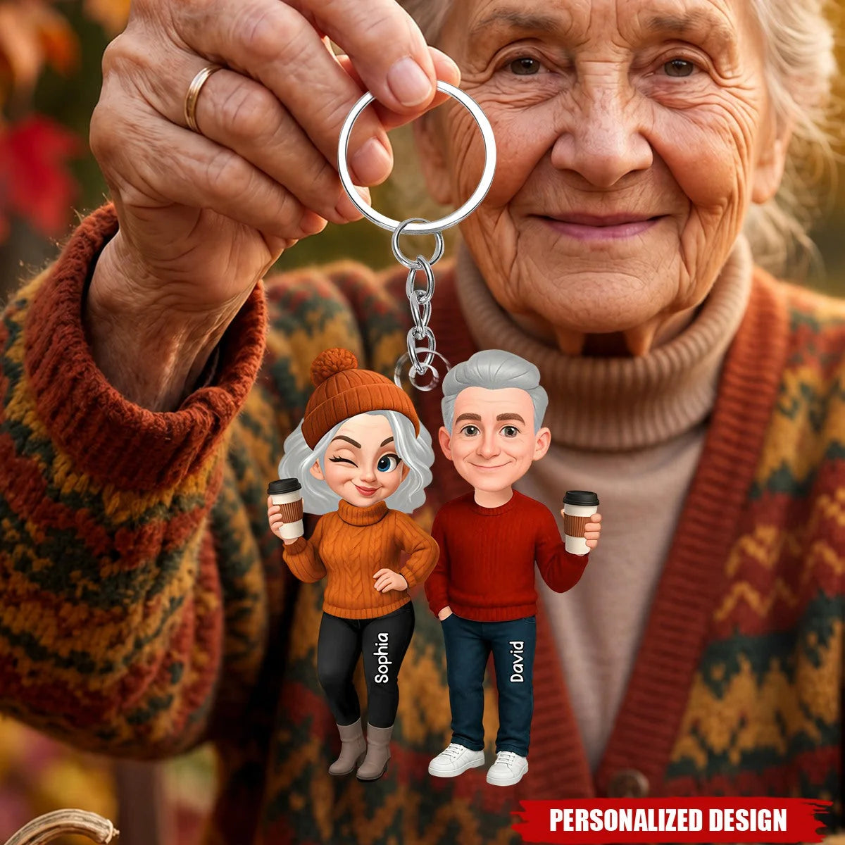 Custom Couple Cute Fall Characters Keychain - Personalized Acrylic Keepsake Gift for Grandparents and Couples
