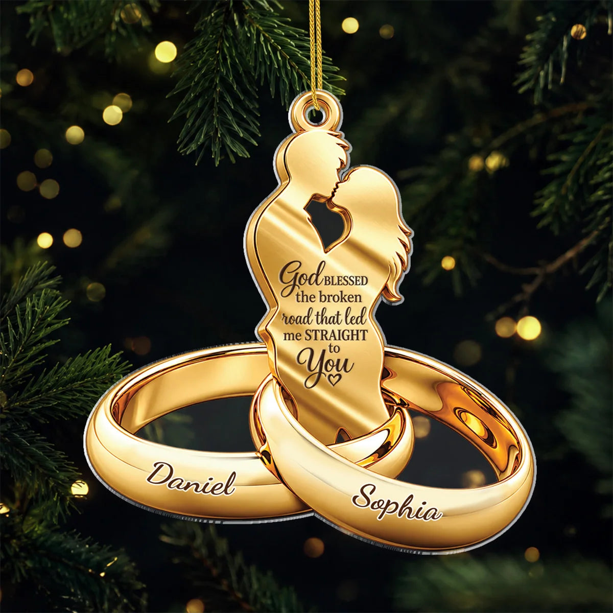 God Blessed The Broken Road Personalized Couple Rings Acrylic Ornament - Anniversary Keepsake for Husband and Wife