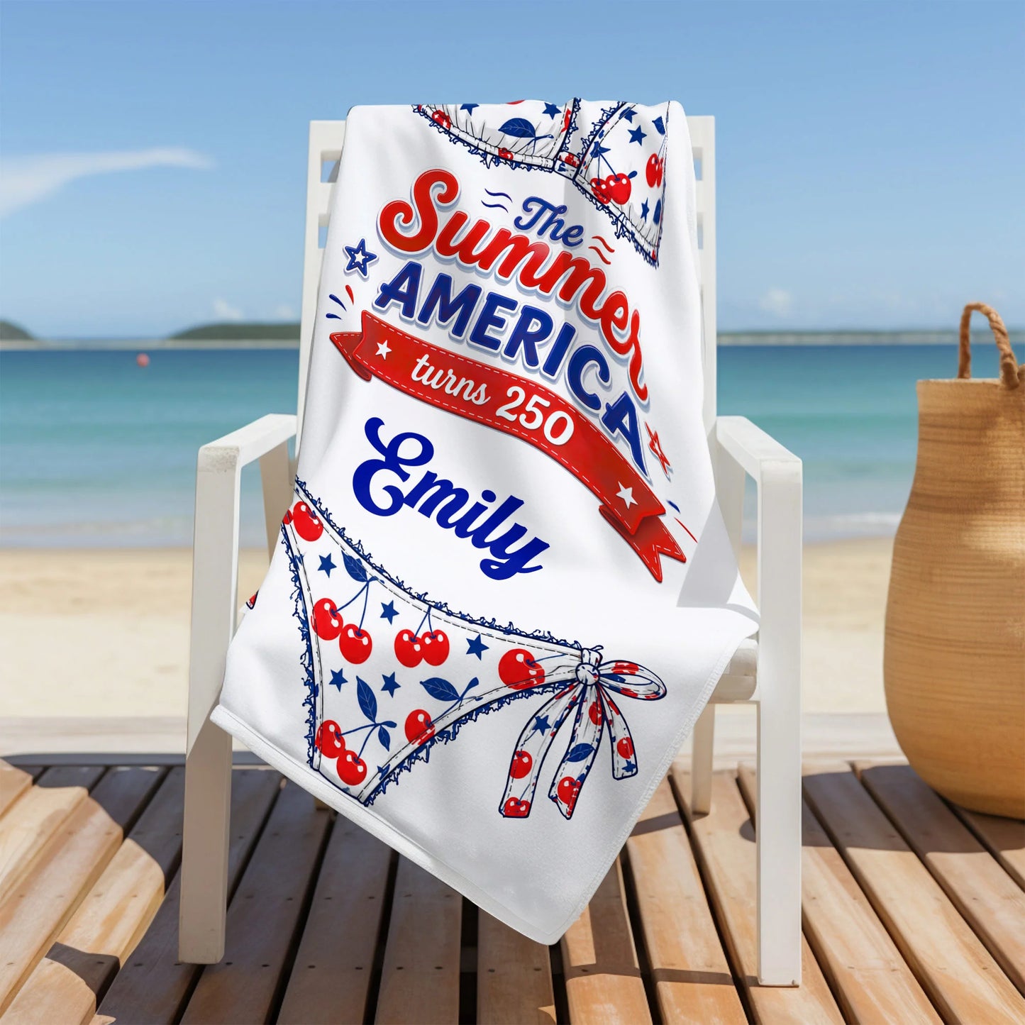 Personalized USA bikini beach towel with stars and stripes design for patriotic summer vacation gifts image 8