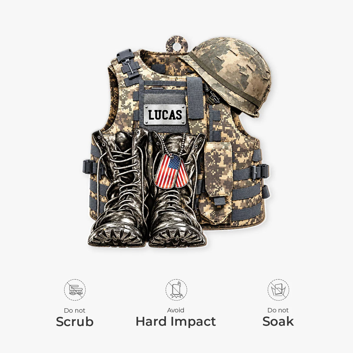Tactical Vest & Boots Personalized Acrylic Ornament - Custom Keepsake Gift for Military Veterans