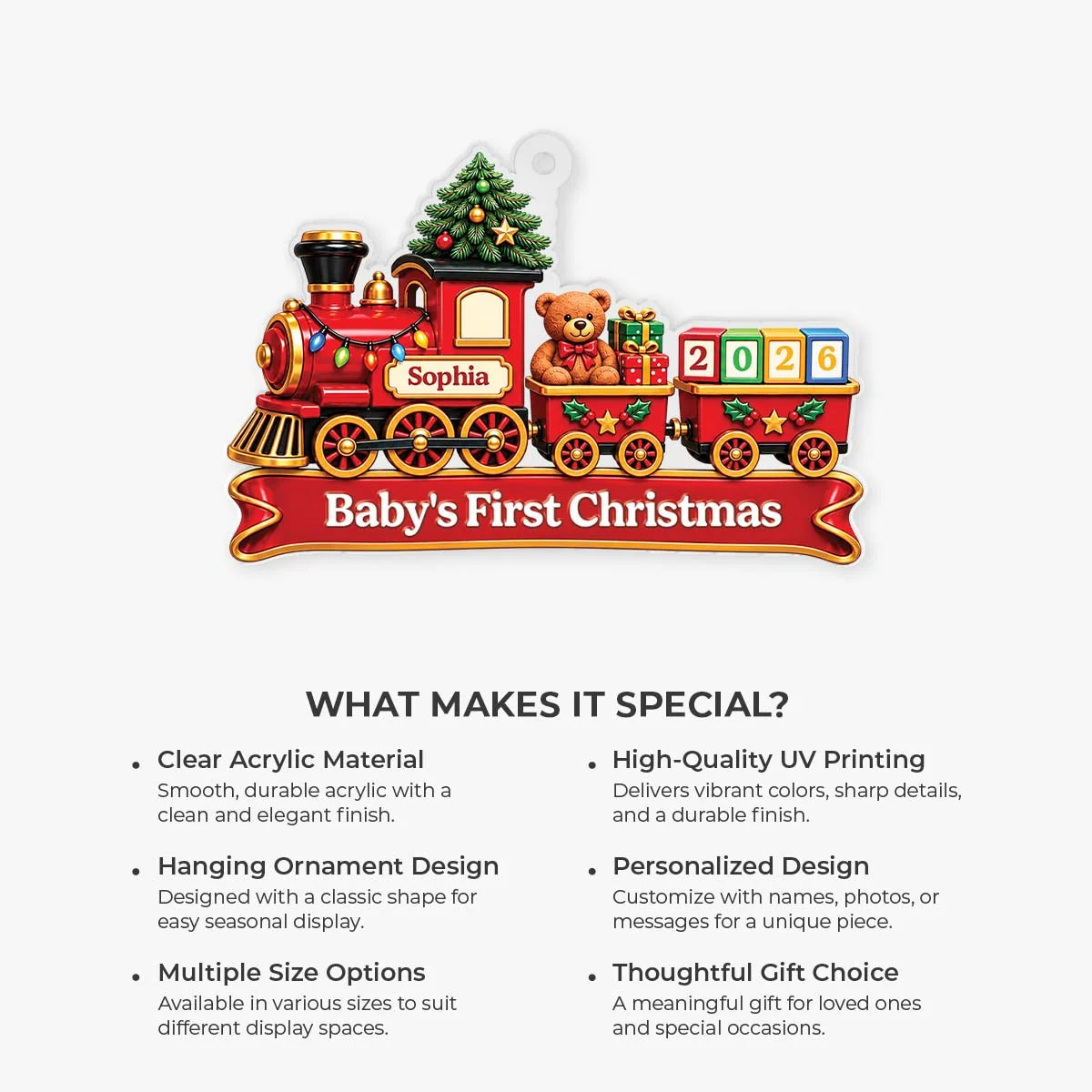 "Baby's First Christmas" Train Personalized Acrylic Ornament - Holiday Keepsake for New Baby