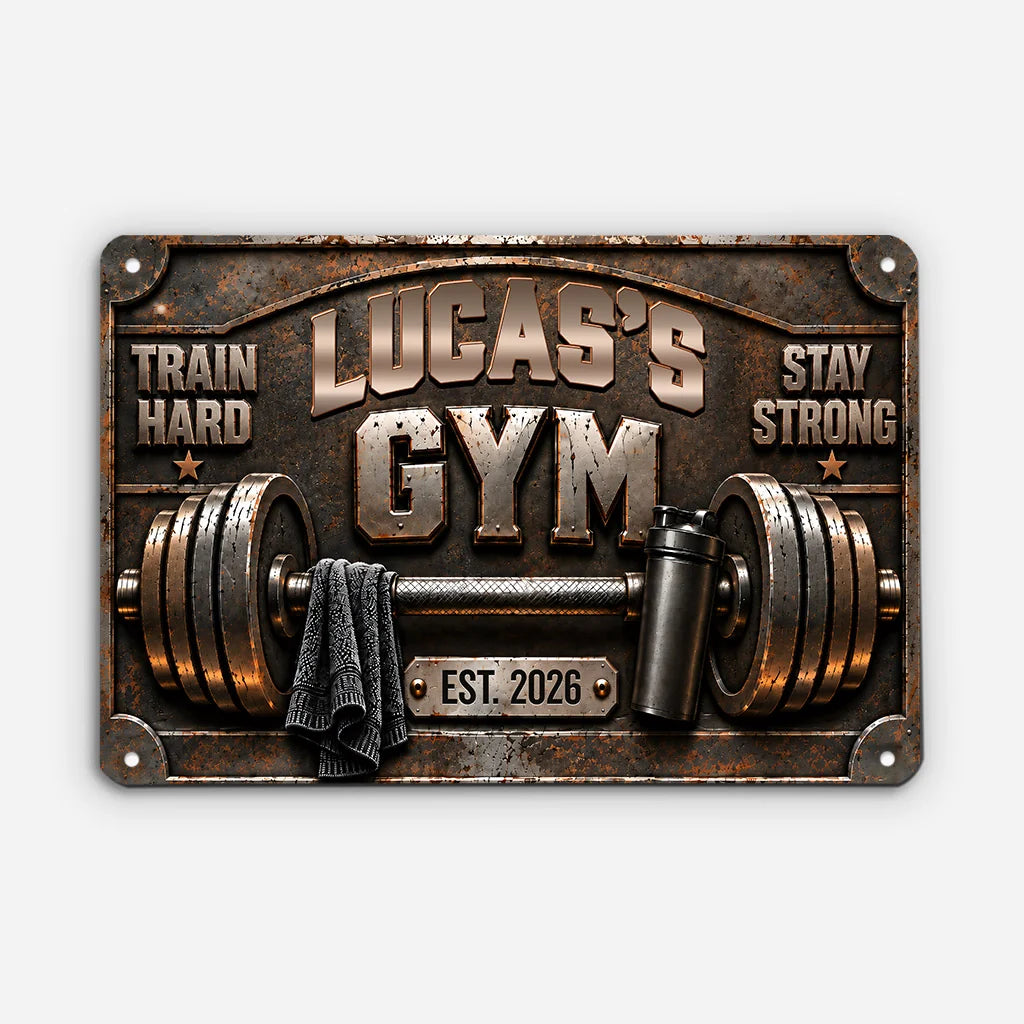Train Hard Stay Strong Personalized Gym Metal Sign - Custom Home Fitness Wall Decor