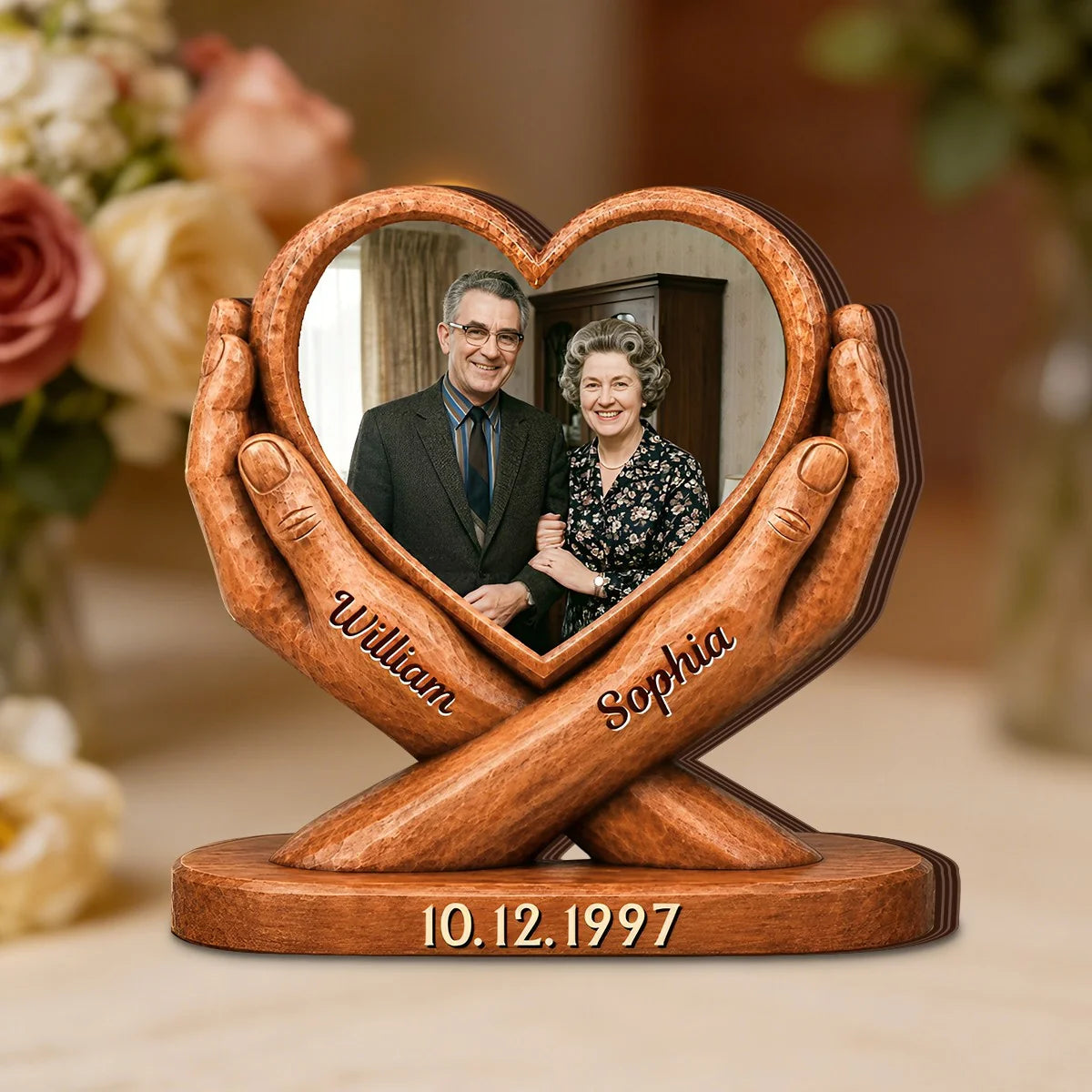Personalized Heart Couple Photo Wooden Block - Custom Anniversary Wedding Gift for Husband And Wife