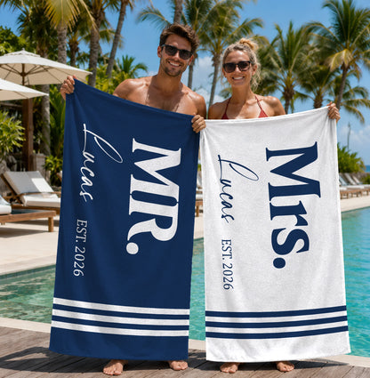 Mr. and Mrs. Personalized Beach Towel for Couples - Custom Honeymoon & Wedding Gift