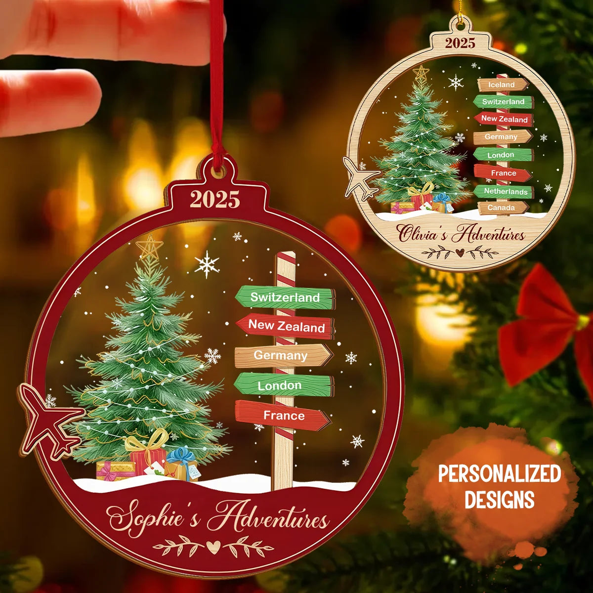 Travel Adventures Personalized Wooden Ornament - Custom Destination Christmas Keepsake Gift for Couples