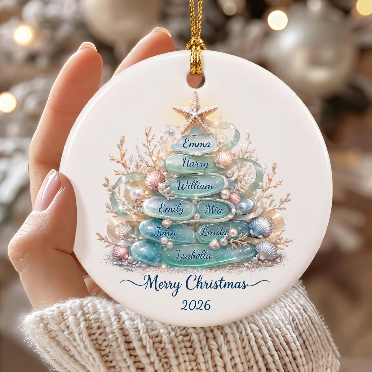 Personalized Sea Glass Tree Family Ceramic Ornament - Custom Ceramic Coastal Keepsake Gift for Family