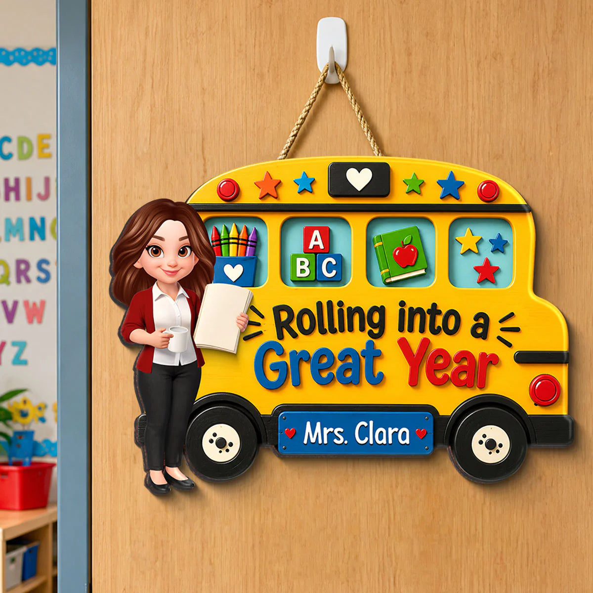 Personalized teacher wood sign shaped like a school bus with custom name print - unique gift for classroom decor
