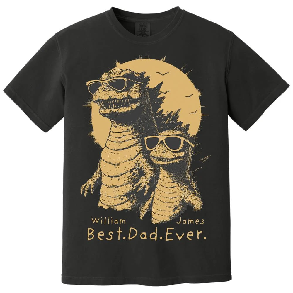 Personalized Best Dad Ever T-Shirt with cool cool sunglasses dinosaur graphic and kids names