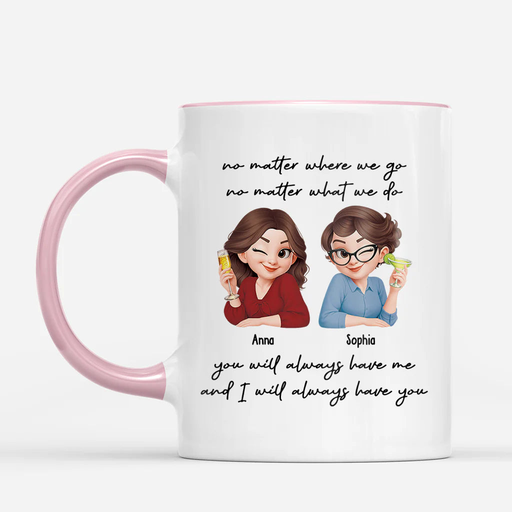 Personalized best friend mug with custom cartoon illustrations and friendship quote for long distance gift