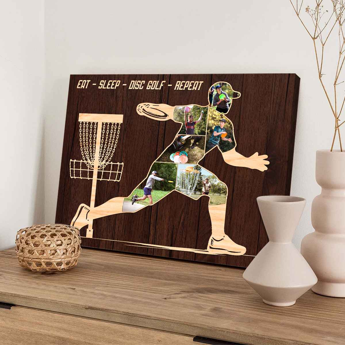 "Eat Sleep Disc Golf Repeat" Personalized Photo Collage Canvas / Poster - Custom Gift for Disc Golfers