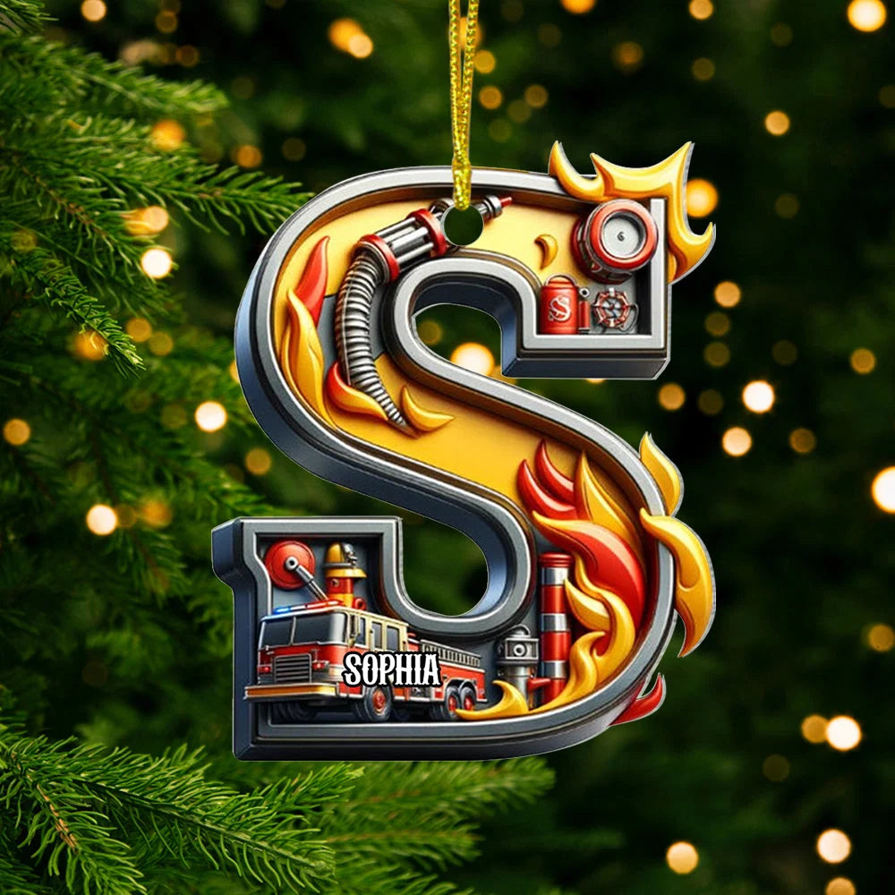 Personalized Fire Truck Letter Christmas Ornament - Custom Name Firefighter Acrylic Keepsake