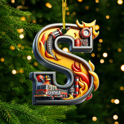 Personalized Fire Truck Letter Christmas Ornament - Custom Name Firefighter Acrylic Keepsake