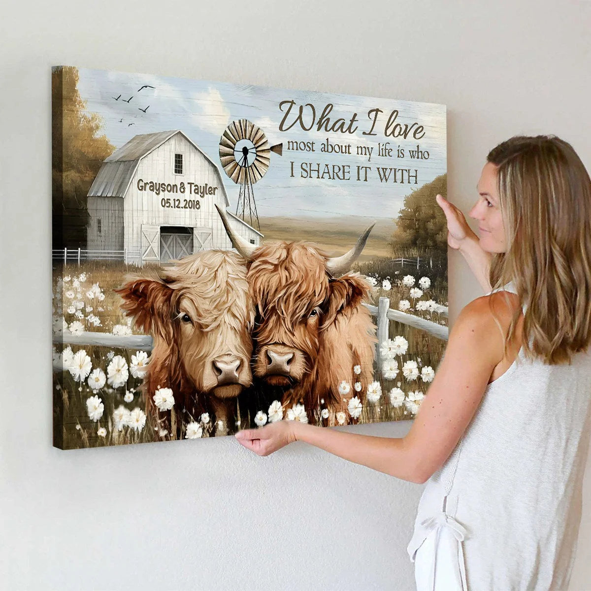 "What I Love Most About My Life" Personalized Highland Cow Canvas / Poster - Custom Wall Art for Couples Anniversary Gift