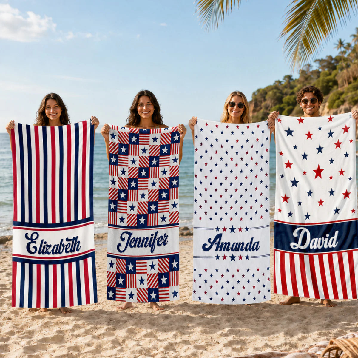Personalized patriotic beach towel with custom name David featuring red and blue stars and stripes design by a pool image 7