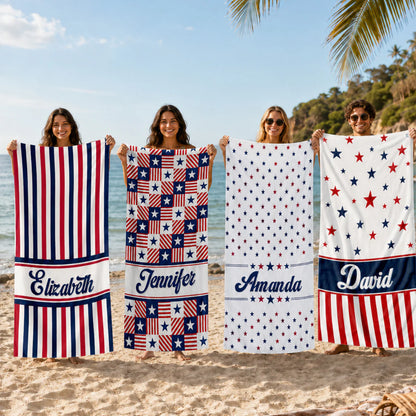 Personalized patriotic beach towel with custom name David featuring red and blue stars and stripes design by a pool image 7