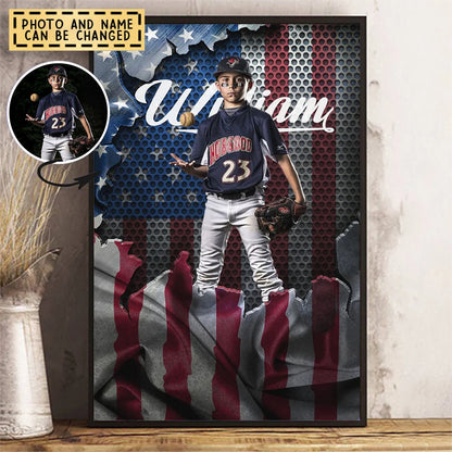 Custom Photo Baseball American Flag Canvas / Poster - Personalized Sports Wall Art Gift