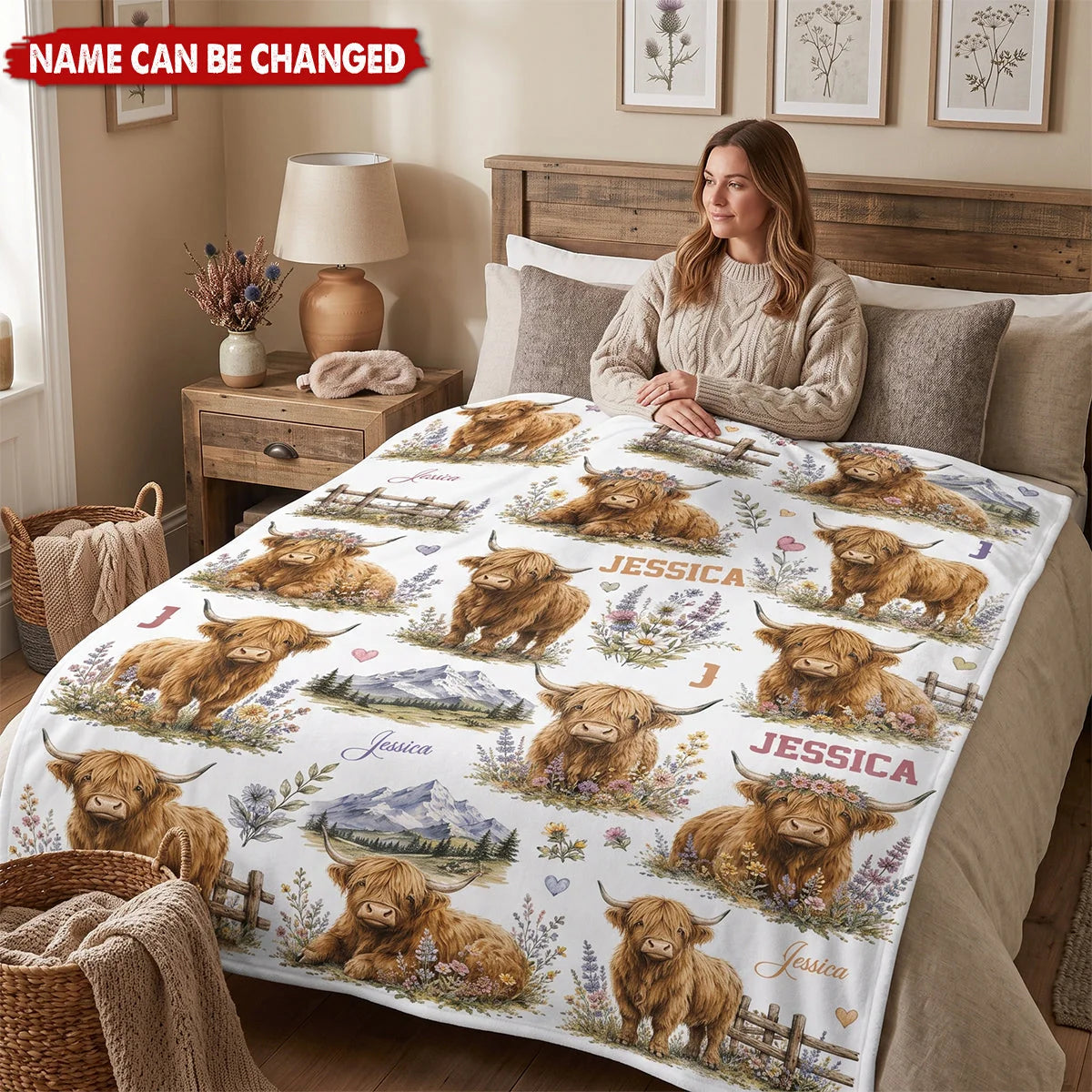 Personalized Highland Cow Baby Blanket - Custom Name Keepsake Gift