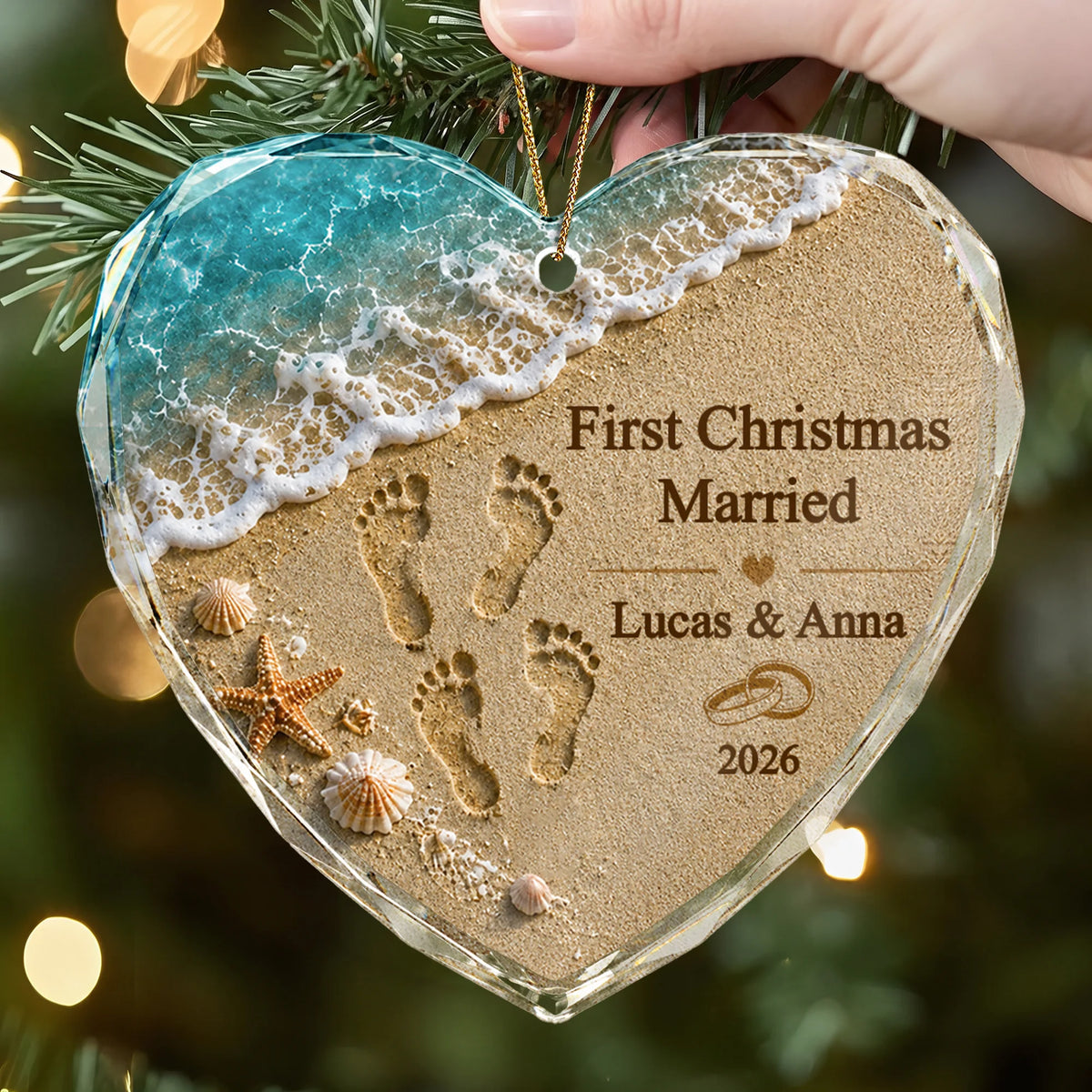 First Christmas Married Coastal Glass Heart Ornament - Personalized Couple Holiday Keepsake