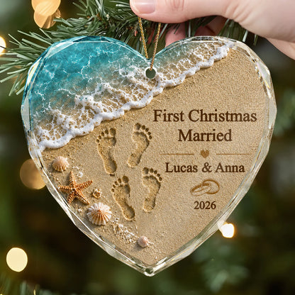 First Christmas Married Coastal Glass Heart Ornament - Personalized Couple Holiday Keepsake