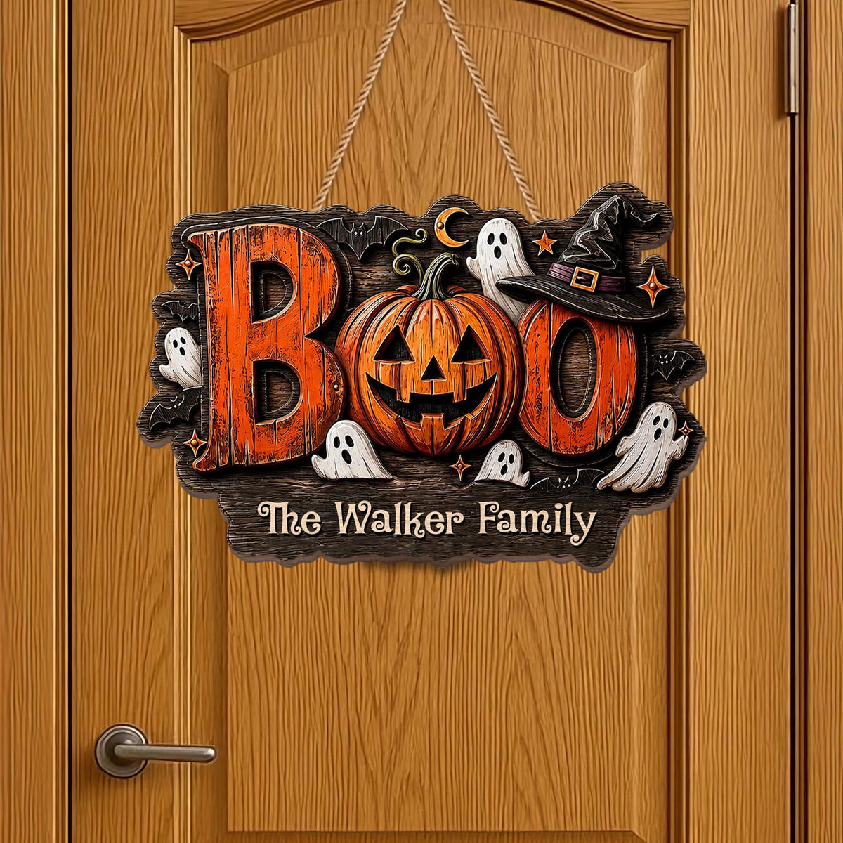 BOO Our Family Spooky Pumpkin and Ghost Personalized Wood Sign - Custom Halloween Home Decor