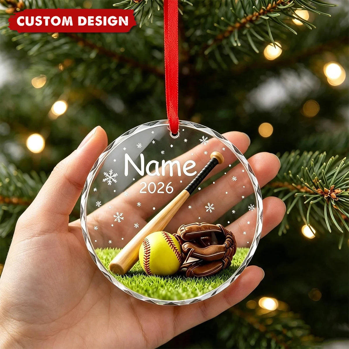 Personalized Baseball & Softball Glove Christmas Glass Ornament - Custom Player Name Keepsake Gift