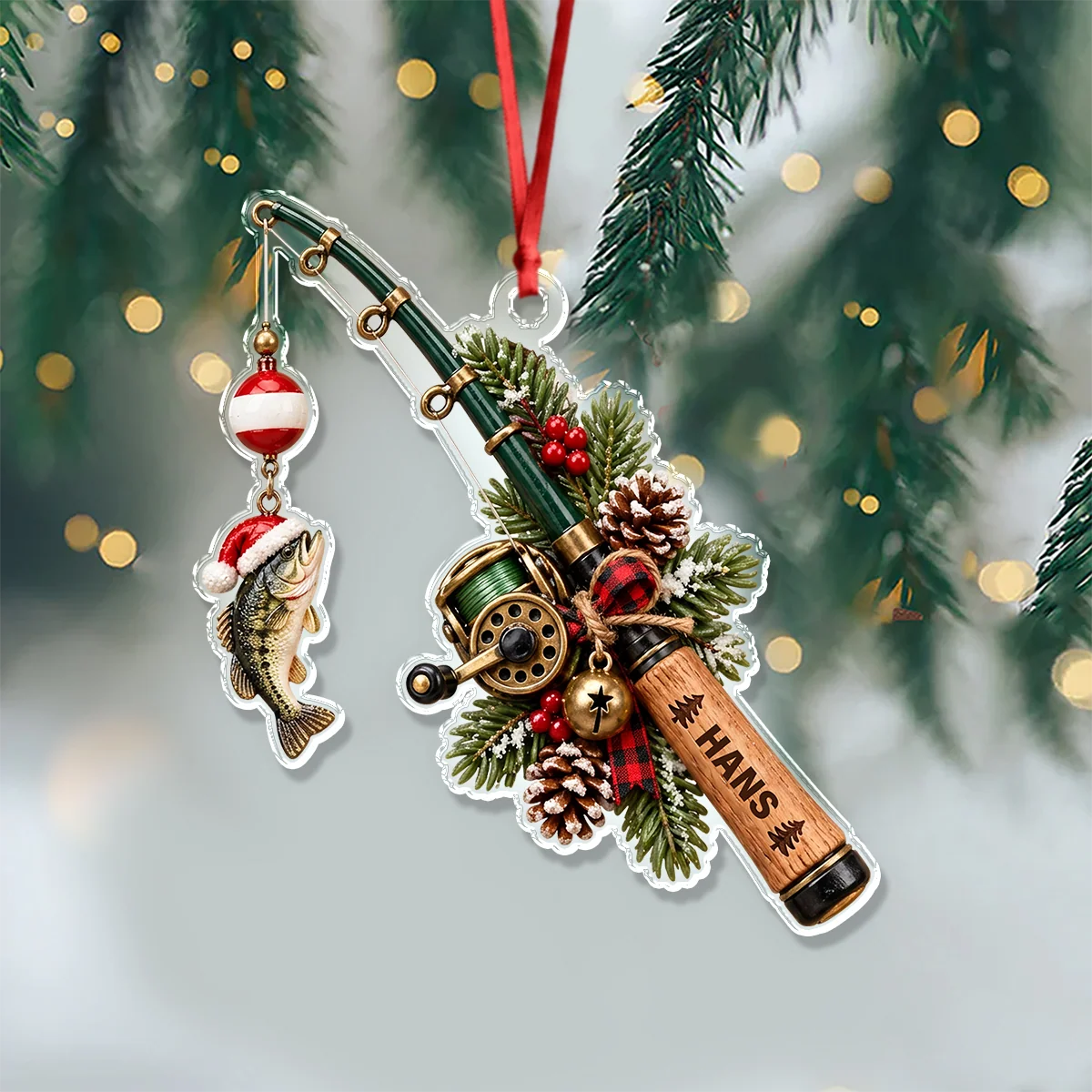 Custom Catch Personalized Fishing Rod Acrylic Ornament - Christmas Keepsake Gift for Fishers