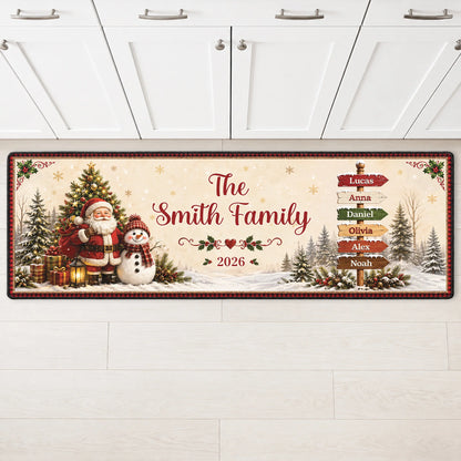 Personalized Christmas Runner Rug with Santa Snowman - Custom Holiday Kitchen Decor for Family